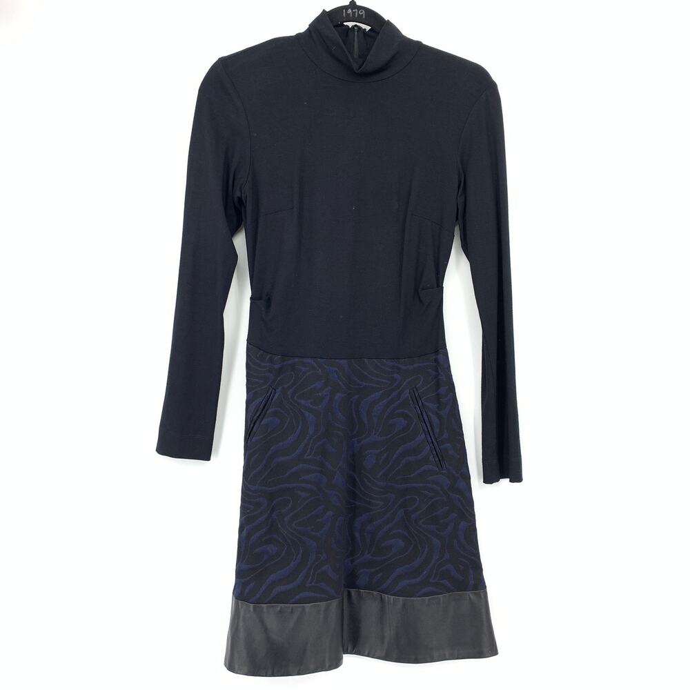 Nicole Miller Artelier Long Sleeve High Neck Fit & Flare Dress Sz 4 Black Navy